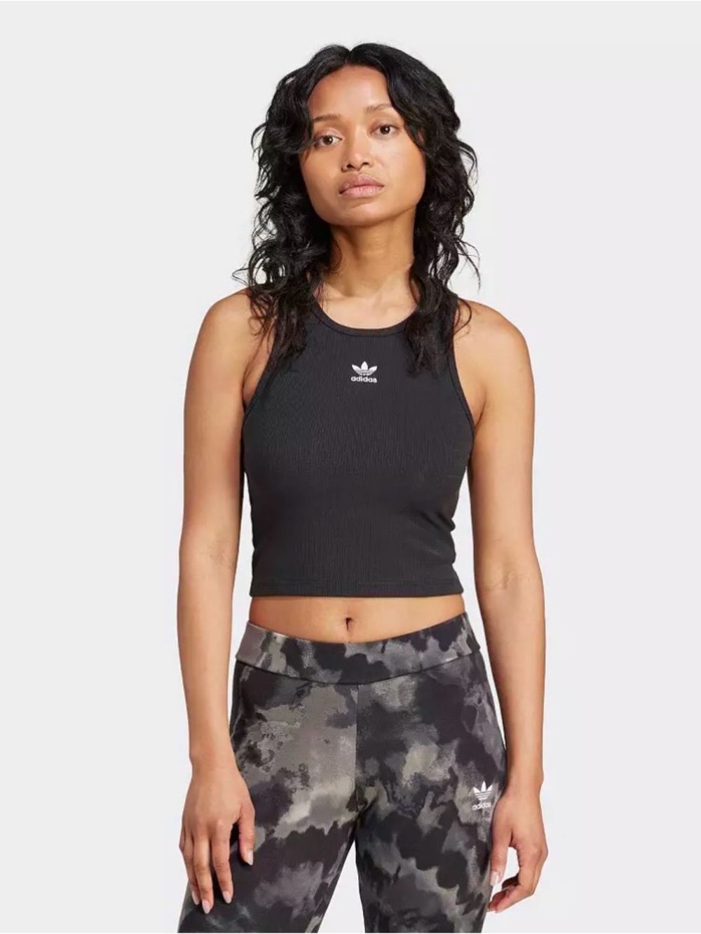 adidas Black Ribbed Cropped Tank Top with White Trefoil